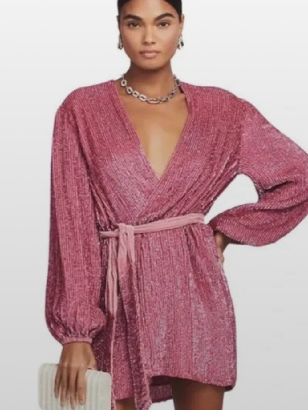 Retrofete Metallic Rose Pink Wrap Romper with Tie Belt